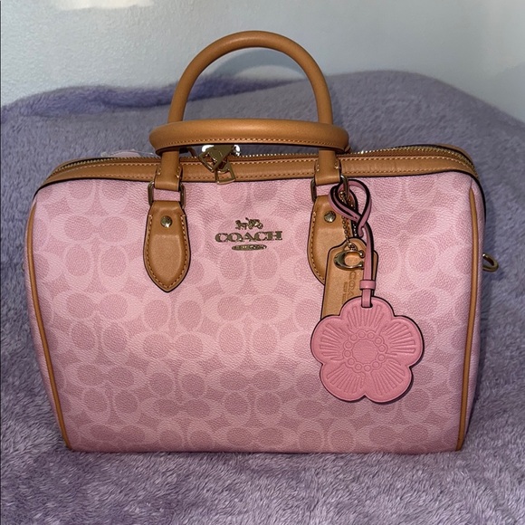 Coach Pink Signature Rowan Satchel with Tan Leather Trim and Flower Charm - Picture 2 of 5